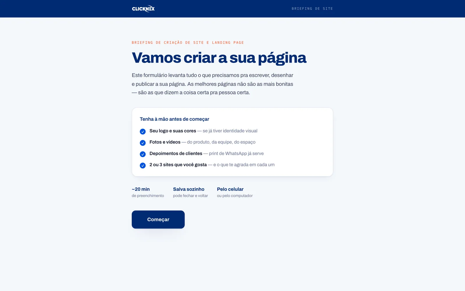 Briefing da ClickNex — formulário no desktop